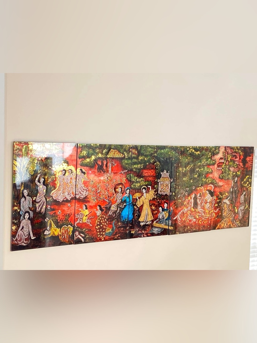 Large Multi-Panel Vibrant Red & Green Asian Scene Wall Art